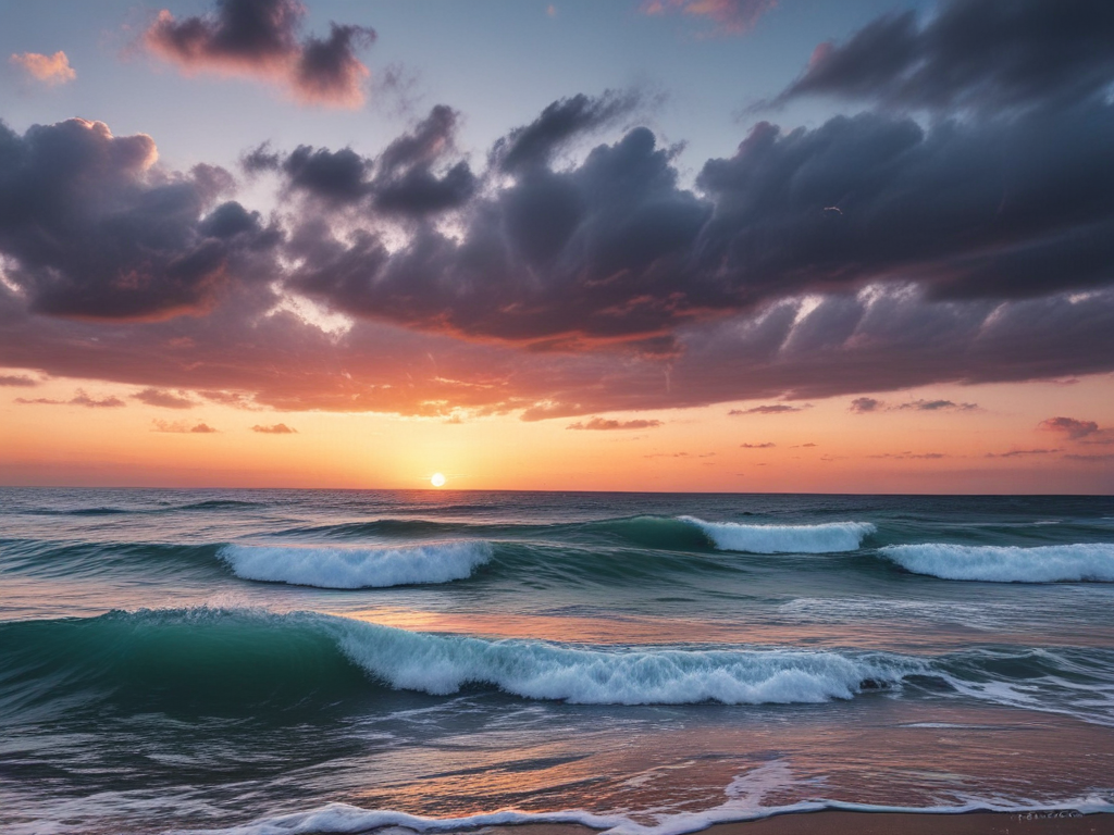 Serene Sunset Over Gentle Waves and Colorful Cloudy Sky at Dusk