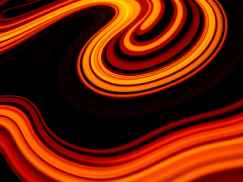 Create a vibrant abstract image featuring concentric wavy lines in shades of orange and yellow on a black background, captured with a DSLR camera, 50mm lens, f/1.8 aperture, ISO 100, and a low-angle view to enhance depth.