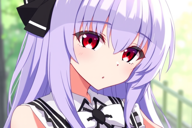 anime girl with long lavender hair and red eyes wearing a black and white outfit with a bow, close-up view, soft focus, 50mm lens, f/1.8 aperture, ISO 100, bright lighting, high-resolution digital illustration