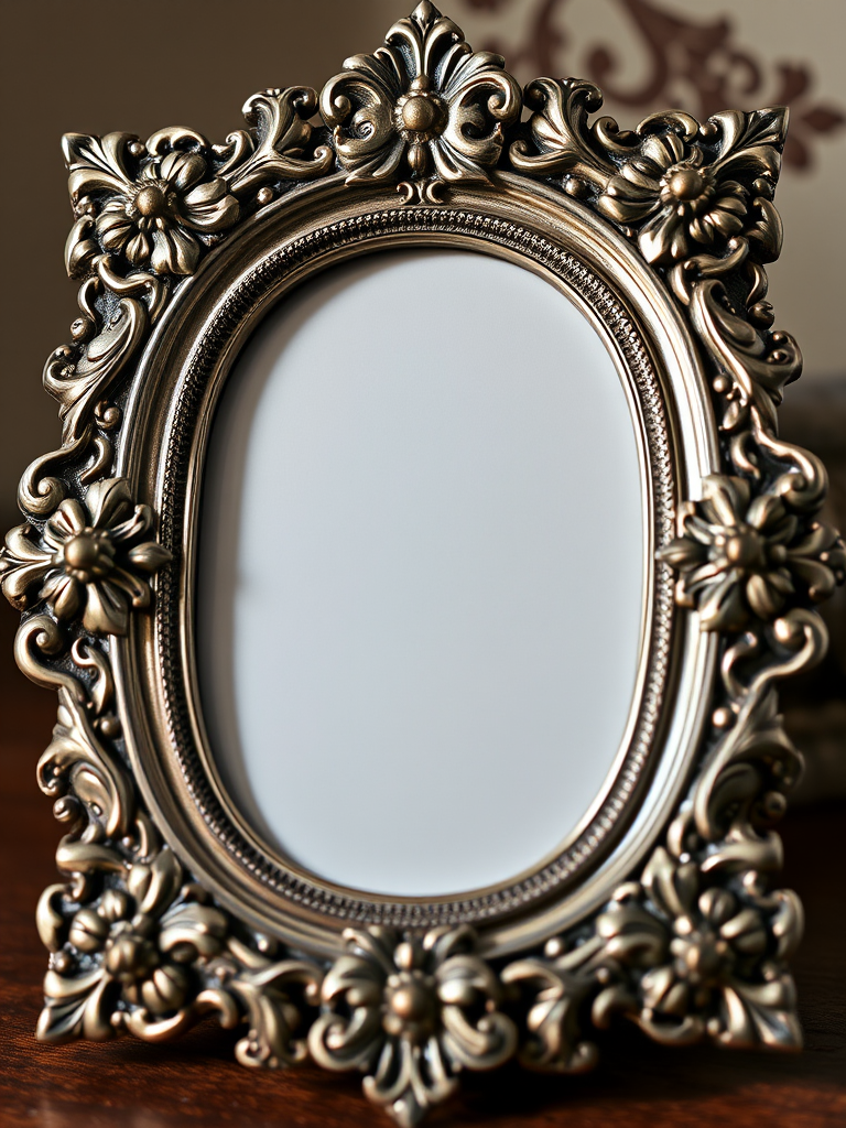 Create a detailed, ornate vintage silver picture frame with intricate floral designs, captured with a Canon EOS 5D Mark IV, ISO 100, f/8 aperture, 50mm lens, soft natural lighting, centered view for enhanced clarity.