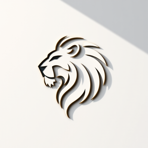 Generate a high-quality illustration of a sleek, modern logo featuring a stylized lion's head in profile view, designed with a minimalist approach, using a Canon EOS R5 camera with a 50mm f/1.2 lens, aperture set to f/2.8, ISO 100, and soft natural lighting to enhance the intricate details and textures.