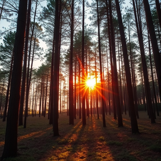 create a high-resolution image of a tranquil forest landscape during golden hour with sunlight filtering through the trees, using a Canon EOS 5D Mark IV at f/4.0, ISO 100, 1/200s, wide-angle lens, and a low-angle view for depth and richness in colors.
