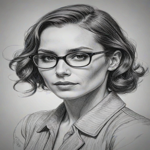 Dazzling Noomi Rapace, pencil sketch, portrait of Graceful woman 1930s in glasses, hair style beatnik, outline, clear lines, fine lines, 8k
