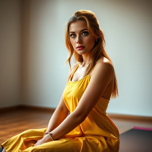 Resplendent photo of woman:caucasian:0.4, highlight hair, wearing Banana dress, sitting on Yoga mat, rim lighting, studio lighting, looking at the camera, dslr, ultra quality, sharp focus, tack sharp, dof, film grain, Fujifilm XT3, crystal clear, 8K UHD, highly detailed glossy eyes, high detailed skin, skin pores