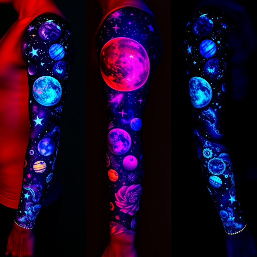 Mesmerizing full-sleeve body tattoo depicting a cosmic galaxy scene with realistic planets and stars in vivid ultraviolet ink, glowing under blacklight for an otherworldly effect