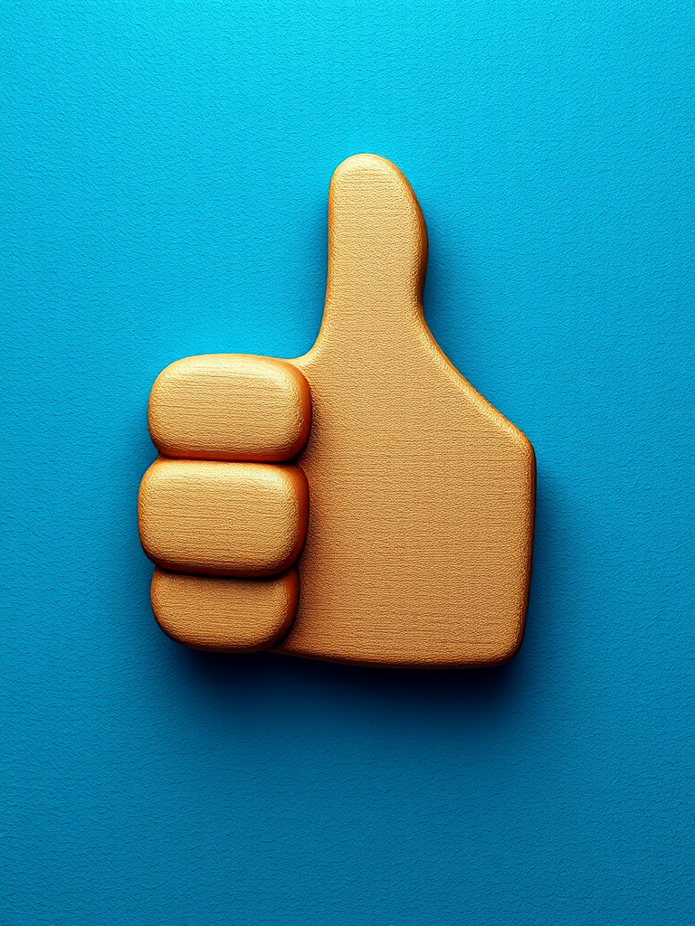create a detailed illustration of a thumbs up icon on a textured blue background, high resolution 4K, aperture f/2.8, ISO 100, 35mm lens, soft lighting to enhance depth and detail