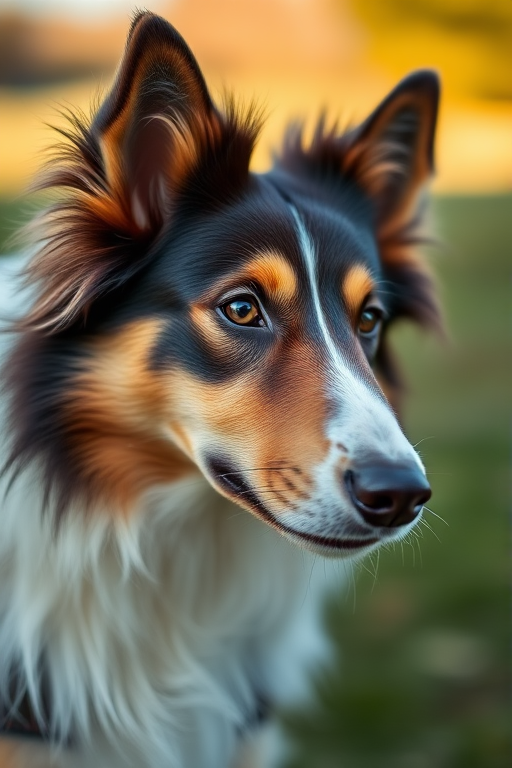 regenerate a high-quality close-up image of a collie dog with a shallow depth of field, using a Canon EOS 5D Mark IV, 50mm f/1.8 lens, ISO 100, aperture f/1.8, and shutter speed 1/200s, natural lighting with a blurred background