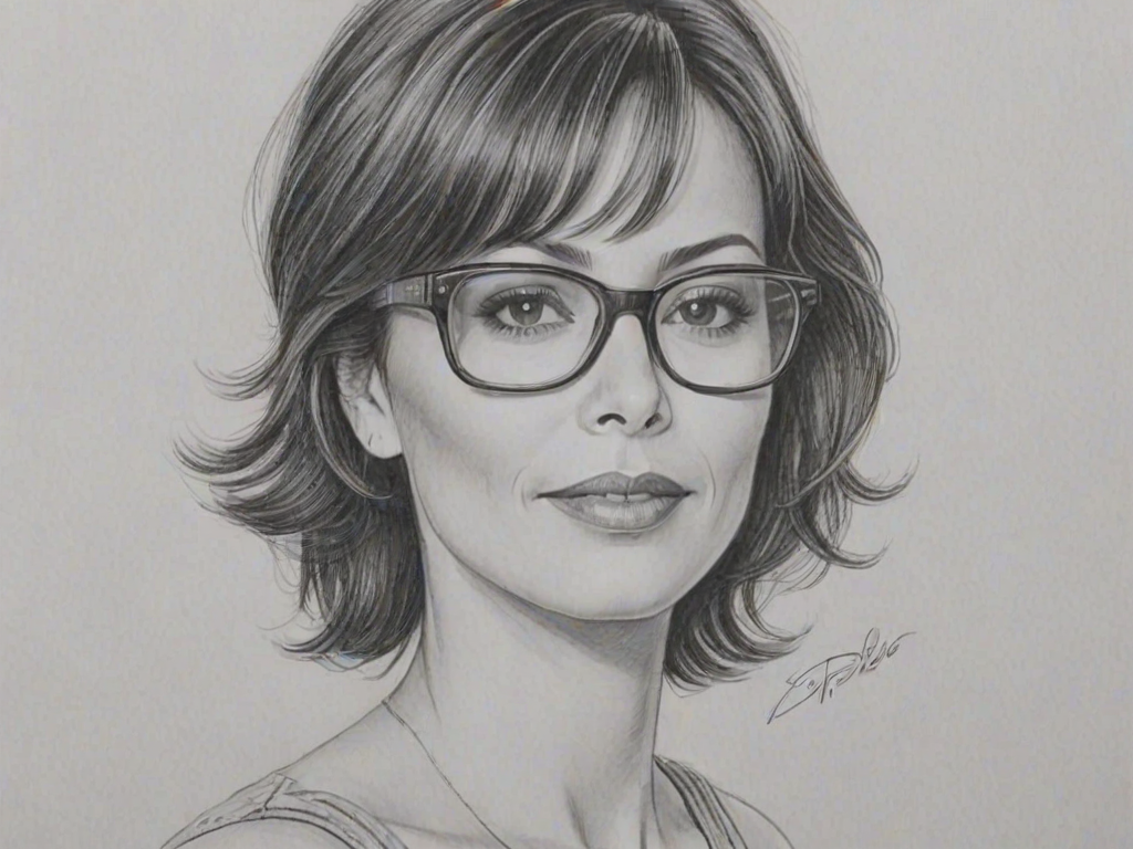 Dazzling Catherine Bell, pencil sketch, portrait of Enticing woman 1980s in glasses, hair style beatnik, outline, clear lines, fine lines, 8k