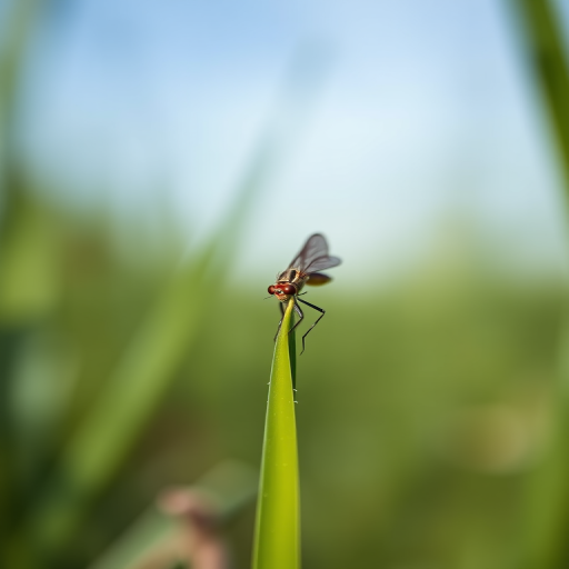 macro shot of a mayfly perched on a green blade of grass with a blurred background, settings: ISO 200, f/2.8, 1/250 sec, view from a low angle, using a DSLR camera with a macro lens, natural lighting for enhanced details and vivid colors