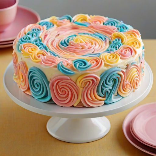 Create an image of a round cake with a smooth white frosting finish. The top is decorated with pastel-colored buttercream swirls in pink, blue, and yellow, arranged in a circular pattern. The sides of the cake feature overlapping petals in the same pastel colors, creating a vibrant and cheerful appearance. The cake is presented on a decorative white cake stand, set against a soft, blurred background.