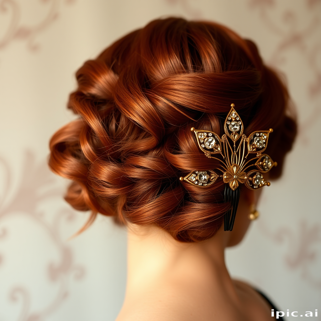 Shimmering copper penny hue styled in loose vintage pin curls, accented with art deco-inspired golden hair combs, exuding old-world elegance and sophistication.