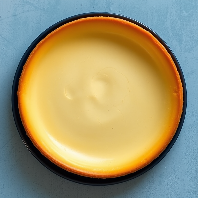 Create an image of a round cheesecake with a smooth, slightly cracked top and a golden-brown edge placed on a dark blue plate. The background should be a light blue textured surface.