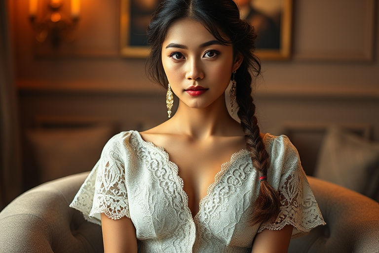 Create a portrait of a refined and elegant Mongolian woman seated in a sophisticated setting. She has long, wavy hair styled in two thick braids that are pulled over her shoulders. She wears a white, lace gown with intricate patterns, featuring a deep V-neckline and short sleeves. The dress exudes a vintage charm with its delicate lacework. She is adorned with ornate, dangling earrings that add a touch of glamour to her appearance. The background is softly lit, with warm, ambient lighting that creates a cozy and inviting atmosphere. Her expression is poised and serene, capturing a sense of grace and elegance.