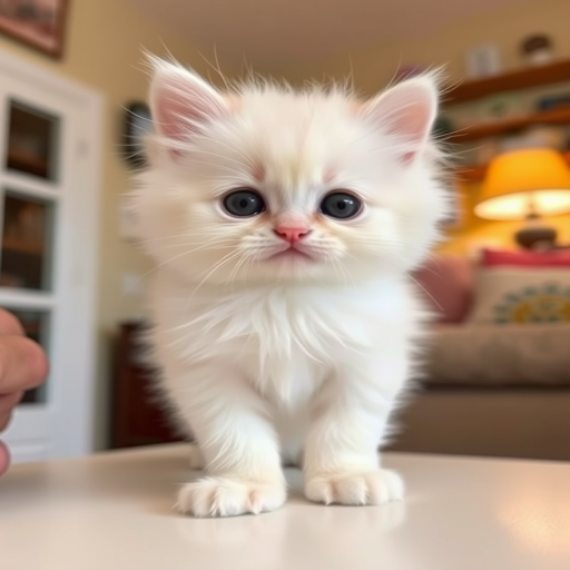 Cute fluffy kitten with soft white fur and big round black eyes standing on a light surface in a cozy indoor setting.