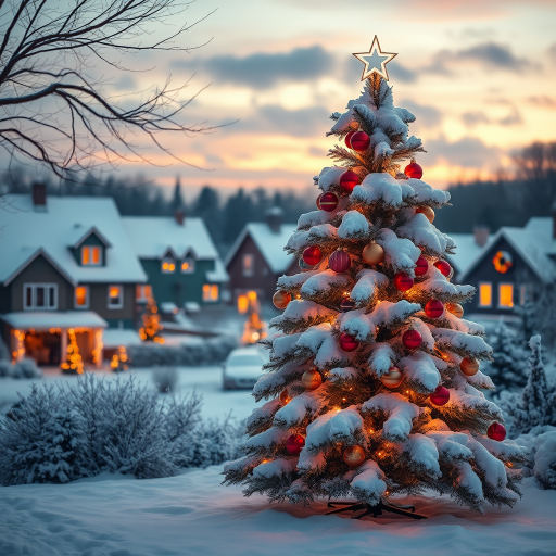 Create a cozy winter scene featuring a snow-covered Christmas tree adorned with colorful ornaments and warm lights. The background should include softly lit houses and more festive decorations under a twilight sky.