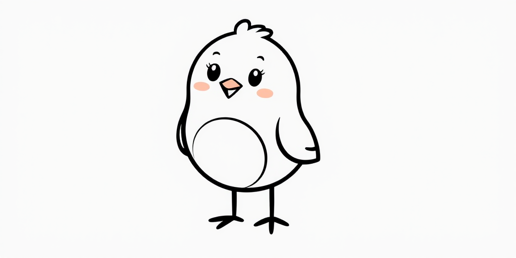 Cute cartoon bird with a round body and small feet, simplistic black outline, cheerful expression, standing on a textured white background.