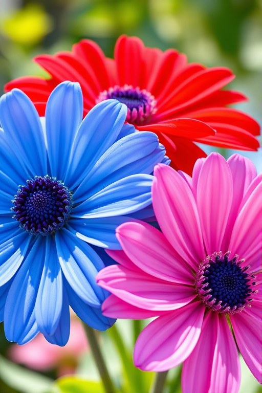 regenerate a vibrant illustration of three flowers in red, blue, and pink with distinct round centers, using a digital art style, high resolution 300 DPI, macro lens settings, focus on flower details, bright daylight for enhanced colors.