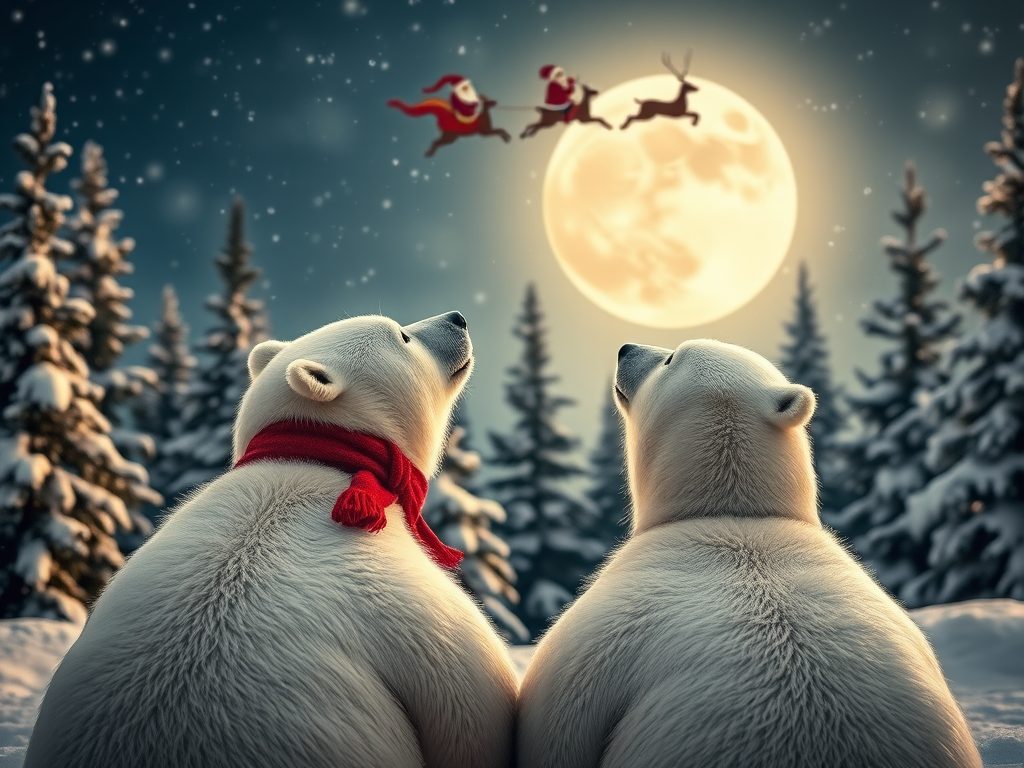 create a whimsical winter scene featuring two polar bears, one with a red scarf, gazing up at Santa Claus and his reindeer flying across a full moon amidst snowy pine trees, captured with a DSLR camera at f/2.8 aperture, 50mm lens, ISO 100, long exposure to enhance light trails and snow details, in soft focus style for a dreamy effect.