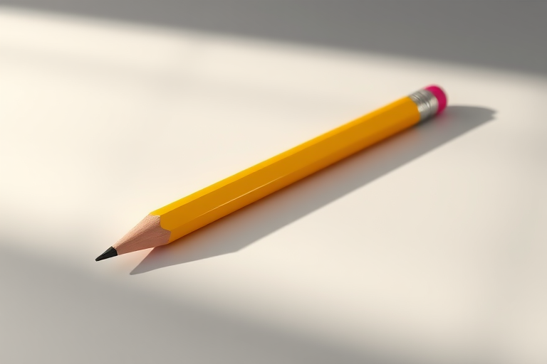 Create a realistic 3D rendering of a sharpened yellow pencil lying diagonally on a smooth surface with soft shadows, using a DSLR camera with a 50mm lens at f/2.8, ISO 100, and a focal length of 50mm for enhanced detail and clarity.