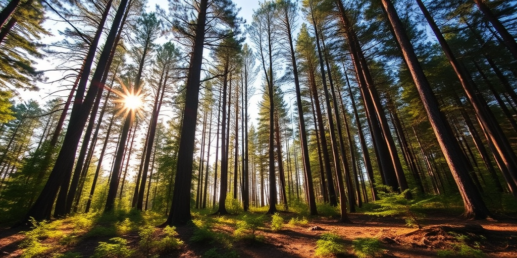 Generate an image of a serene forest landscape, taken with a DSLR camera at f/8 aperture, ISO 100, 24mm focal length, with a wide-angle view capturing sunlight filtering through the trees, in vibrant colors and high detail.