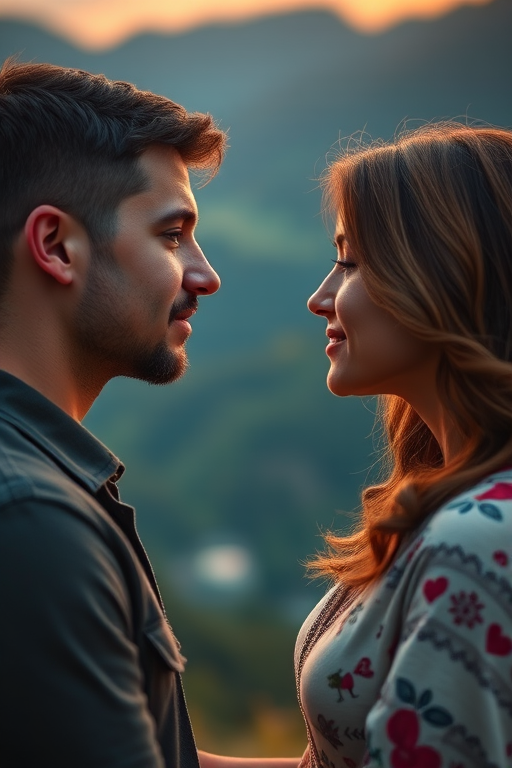Create a romantic scene of a man and woman gazing deeply into each other's eyes in a lush, mountainous landscape during sunset, with soft lighting and vibrant colors, using a DSLR camera, 50mm lens, f/1.8 aperture, ISO 100, and a shallow depth of field to enhance emotional connection and detail in their expressions.