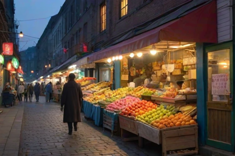 Sharp, high-resolution image of a city street market at dawn, colorful stalls selling fresh fruits, flowers, and baked goods, soft sunlight reflecting off the pavement, the distant hum of early morning activity filling the air.