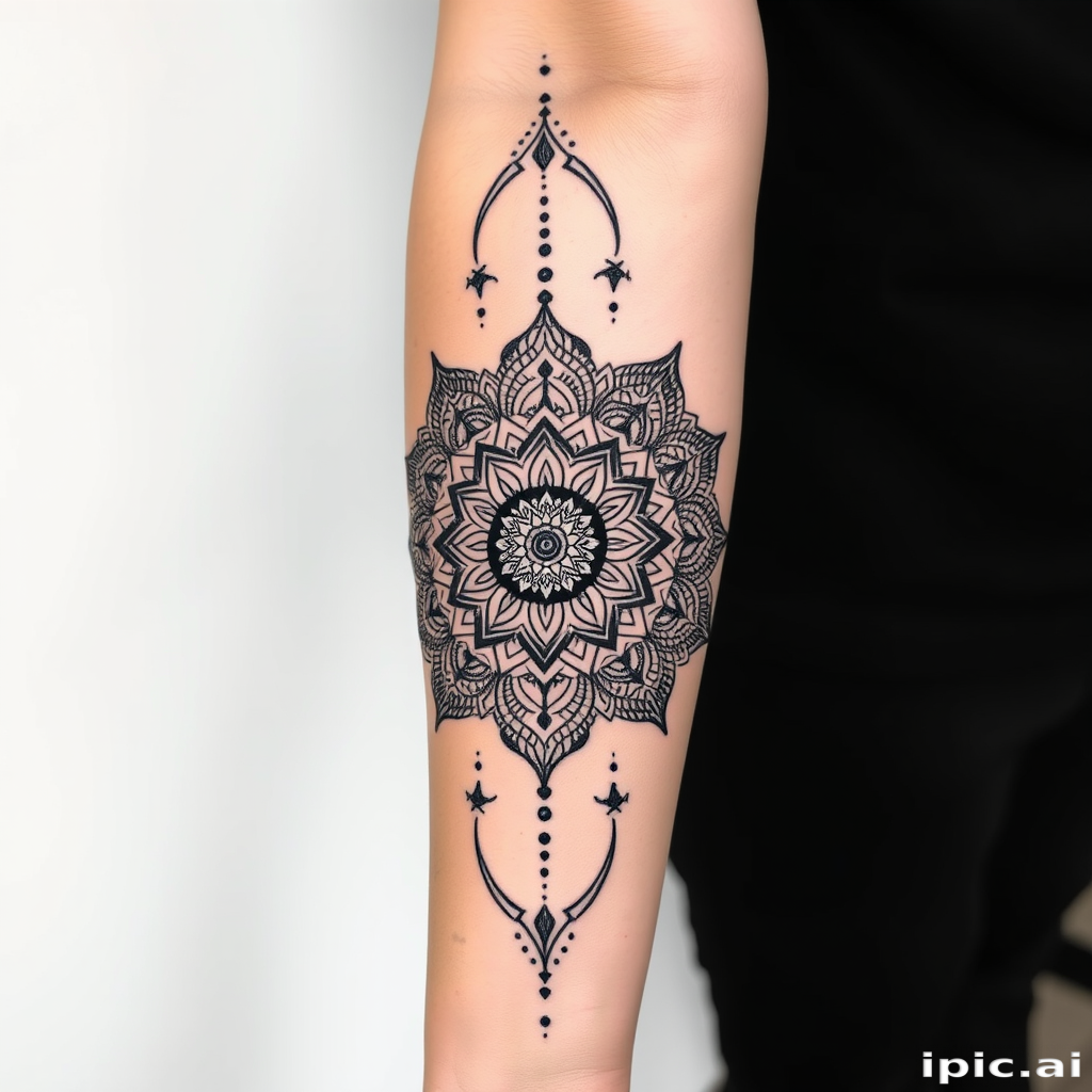 Intricate blackwork tattoo covering the entire arm, showcasing a detailed geometric mandala design with intricate patterns and symmetrical shapes, incorporating dotwork shading for added depth and dimension