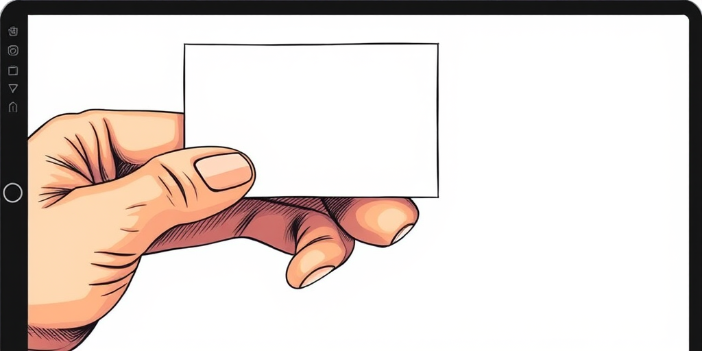 Create an illustration of a hand holding a blank business card, using a digital drawing style with a focus on clean lines and vibrant colors, shot from a slight angle to emphasize the texture of the hand, high resolution 300 DPI, using a tablet with a stylus for precision.