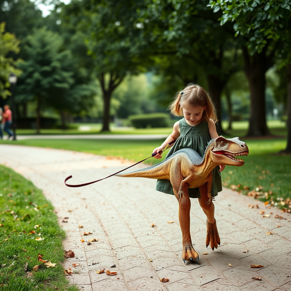 12 year old girl in a dress walking her pet Velociraptor on a leash through a park