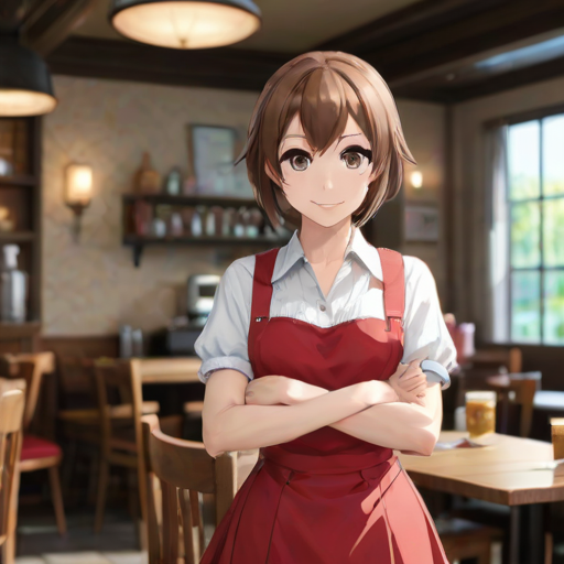 masterpiece, best quality, absurdres, unity 8k wallpaper, official art, official style, source_anime, uncensored, game cg, megami magazine, AMSC, waitress, 1girl, solo, menu, restaurant, name tag, indoors, chair, skirt, blurry, shirt, short hair, holding, table, white shirt, apron, looking at viewer, smile, cafe, red skirt, red apron