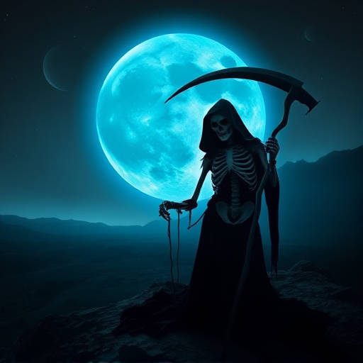Create a dark and haunting image of a skeletal figure cloaked in black, holding a scythe, set against a glowing blue moon with an otherworldly landscape filled with distant planets, using a DSLR camera with a 50mm lens, f/1.8 aperture, ISO 100, and a long exposure to enhance the ethereal light effects.