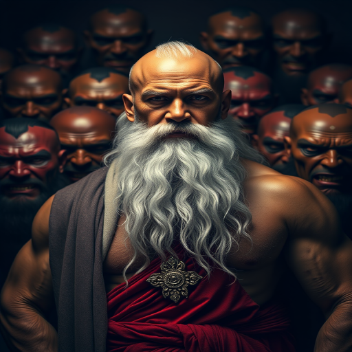 Create a visually striking portrait of a muscular figure with a long white beard, dressed in traditional attire, surrounded by multiple menacing faces in the background, using a Canon EOS R5 with a 50mm f/1.2 lens, shooting at ISO 100 and f/2.8, in a low-light studio setting to enhance dramatic shadows and vibrant colors.