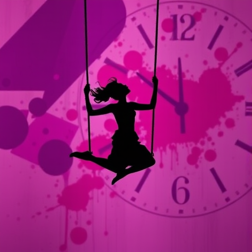 Create an image of a silhouette of a person swinging gracefully against a vibrant purple and pink abstract background featuring large clock faces and splashes of color, captured with a DSLR camera at f/2.8 aperture, ISO 100, 50mm lens, and a shallow depth of field to enhance focus on the silhouette.
