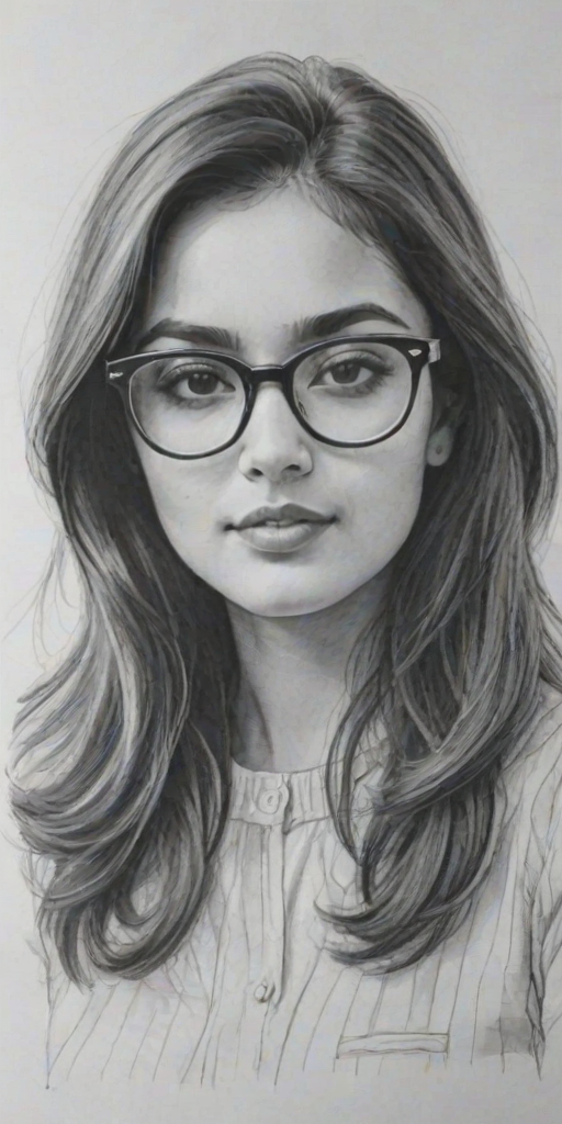 Splendid Summer Bishil, pencil sketch, portrait of Sublime woman 1961s in glasses, hair style beatnik, outline, clear lines, fine lines, 8k