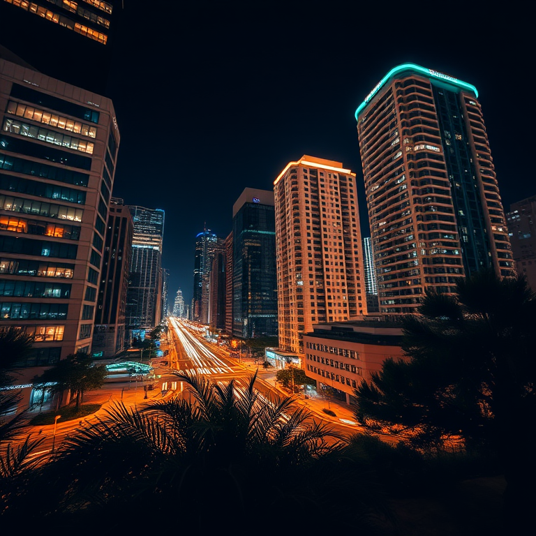 Generate a high-resolution night cityscape image with illuminated buildings, using a DSLR camera at f/8 aperture, ISO 400, 30 seconds exposure, shot from a low angle perspective with a wide-angle lens.