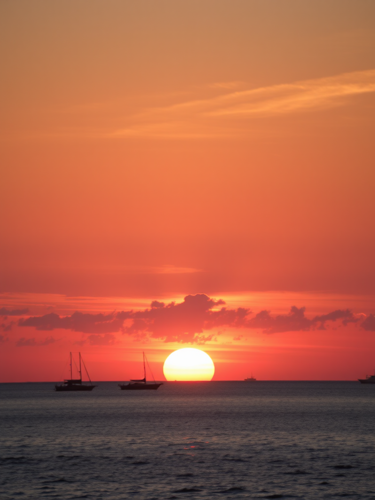 sunset over the ocean with silhouettes of boats, shot with a Canon EOS R5, 50mm lens, aperture f/1.8, shutter speed 1/1000s, ISO 200, natural light, golden hour, soft focus for dreamy effect