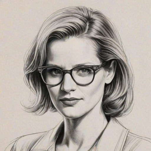 Fetching Bridget Fonda, pencil sketch, portrait of Wonderful woman 1934s in glasses, hair style beatnik, outline, clear lines, fine lines, 8k