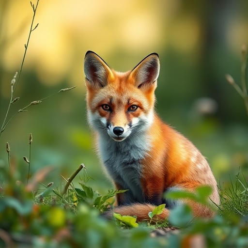 Regenerate an image of a fox sitting among greenery, soft focus background, natural lighting, f/2.8 aperture, 50mm lens, DSLR camera, vibrant colors and high detail in fur textures.