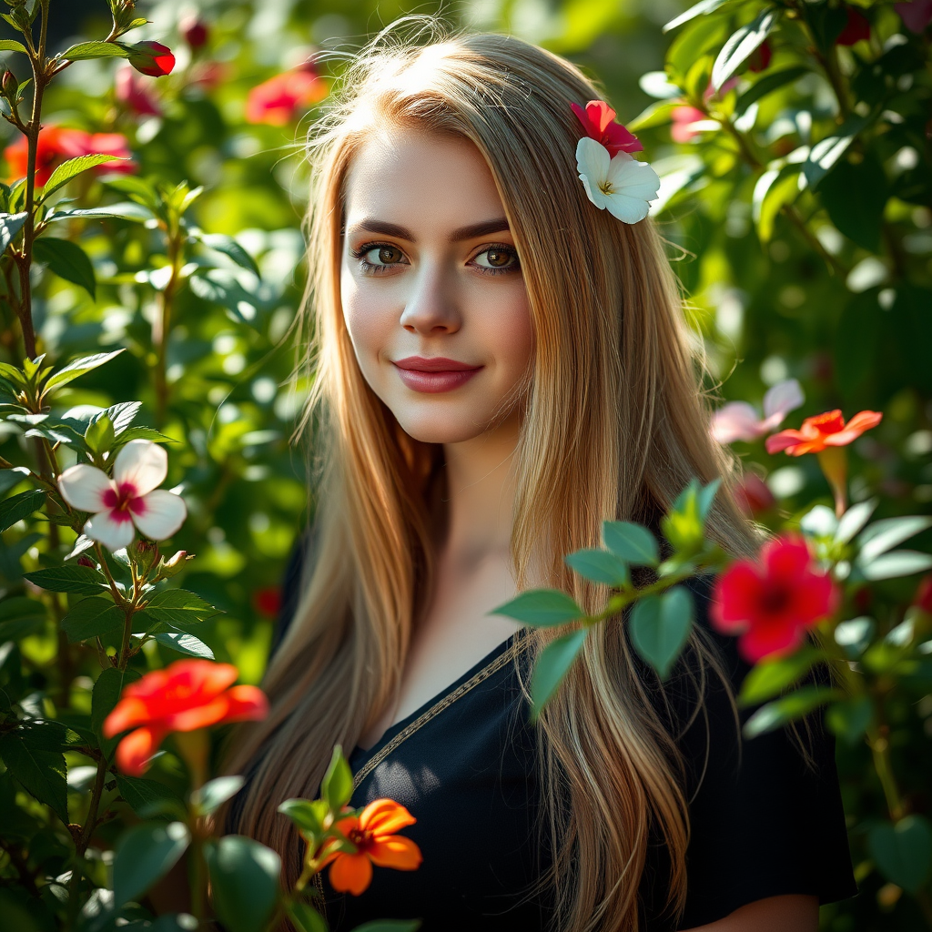 Regenerate a portrait of a woman with long blonde hair and a flower in her hair, standing among lush green foliage and vibrant flowers, captured with a DSLR camera at f/2.8 aperture, ISO 100, 1/200s shutter speed, in natural light with a shallow depth of field for a soft background blur.