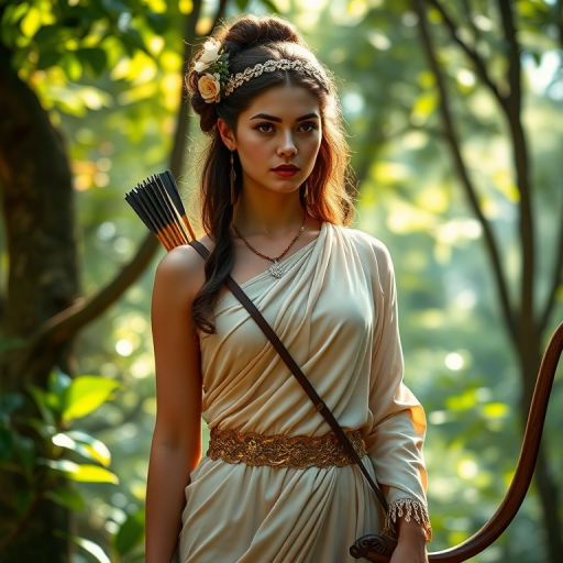 Create a portrait of a goddess-like Inca girl figure in a tranquil, forested environment. She has an elegant appearance with long, wavy hair styled in an updo and adorned with a delicate, floral headband. She wears a flowing, ancient Greek-inspired gown in a soft, pale color, featuring a one-shoulder design and draped fabric that accentuates her graceful form. The outfit includes a decorative belt with ornate gold detailing, and she holds a bow in her hand, with a quiver of arrows slung over her shoulder. The background depicts lush greenery, with sunlight filtering through the trees, casting a gentle, ethereal light on the scene. Her expression is calm and contemplative, embodying a sense of wisdom and serenity.