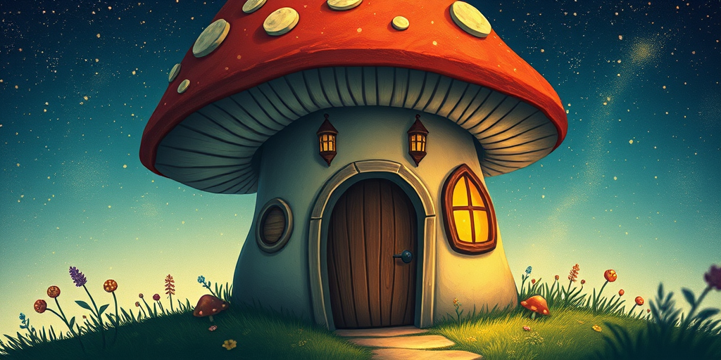 create illustration of a mushroom house with a door and a window, a storybook , fantasy art, mushroom house, bg starry sky, sparkles