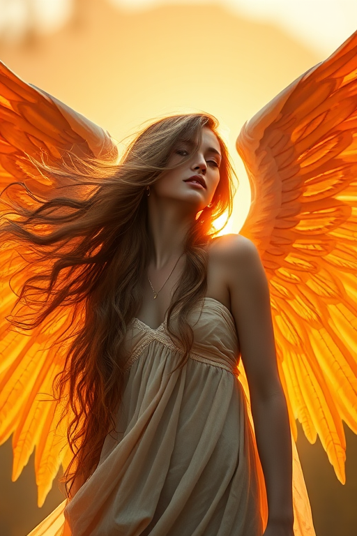 Generate an ethereal image of a goddess with flowing hair, surrounded by radiant golden light and intricate wing patterns, shot with a Canon EOS R5 at f/1.8, ISO 100, 50mm lens, soft focus background with high dynamic range and warm color tones.