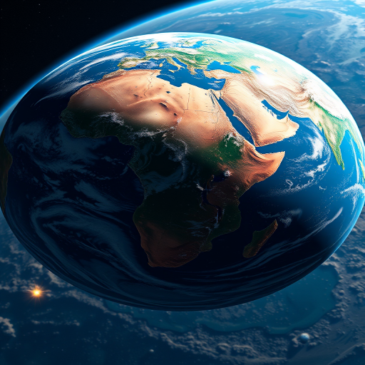 Create a highly detailed 3D rendering of Earth from space, showing realistic topography and vivid colors, using a DSLR camera at 24mm focal length, f/11 aperture, ISO 100, shot from a low orbit perspective with natural lighting.