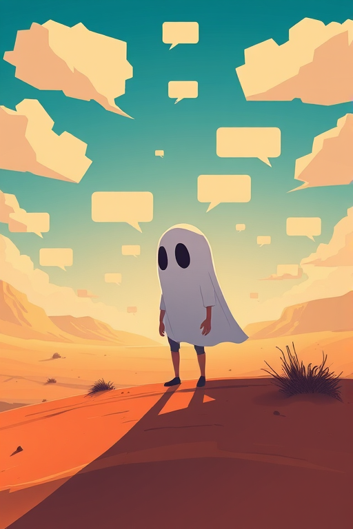 Create a digital illustration of a character with a ghostly appearance standing in a desert landscape under a bright blue sky filled with floating speech bubbles, using a Canon EOS R5 with a 50mm lens at f/1.4, ISO 100, capturing a shallow depth of field and vibrant colors.