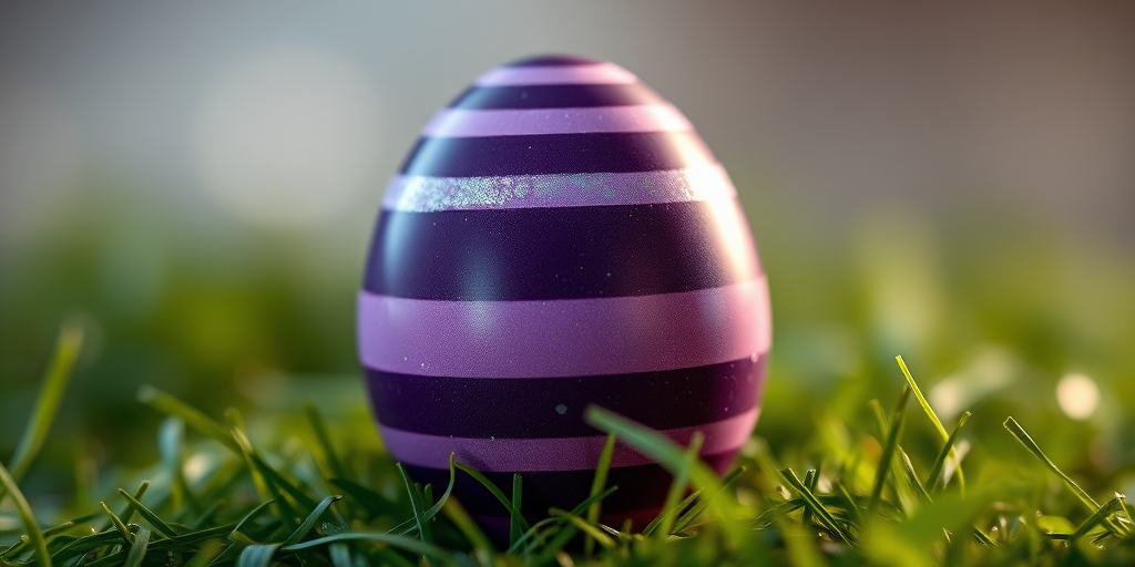 Create a high-resolution digital illustration of a striped Easter egg in shades of dark and light purple with silver accents, using a Canon EOS R5 camera, 85mm lens, f/1.8 aperture, and 1/200s shutter speed, with soft lighting and a blurred background to enhance focus on the egg's surface details.