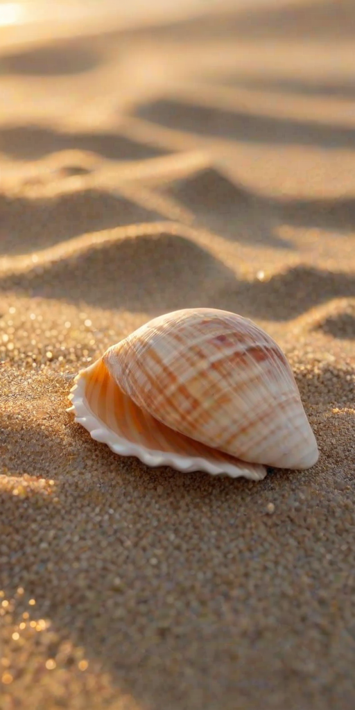 Softly focused close-up of a seashell half-buried in the sand on a quiet beach, soft golden light from the setting sun reflecting off the ocean, with distant waves gently lapping at the shore in the background.