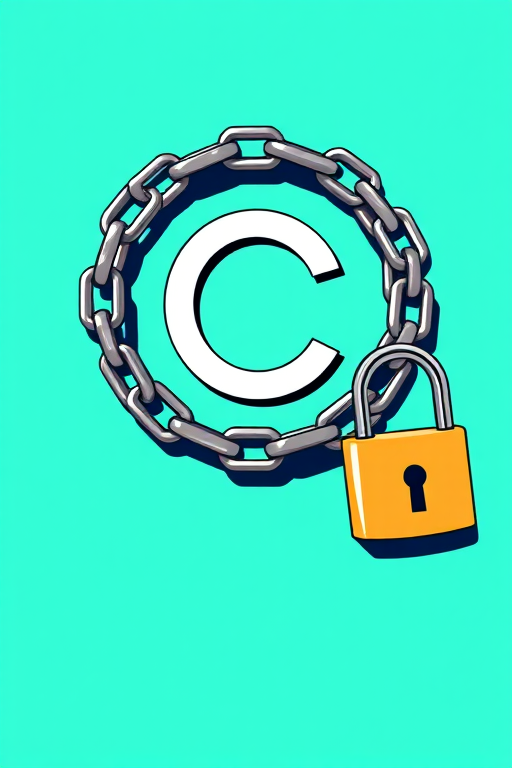 Create an illustration of a copyright symbol surrounded by a chain and padlock, with a solid turquoise background, using a DSLR camera with a 50mm lens, aperture set to f/2.8, ISO 100, and 1/200 shutter speed, in high-resolution vector style.