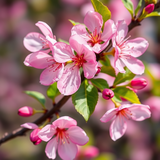 Generate a vibrant illustration of pink blossoms on a branch with green leaves, captured with a DSLR camera at f/4, ISO 100, 50mm lens, natural light, macro view, high saturation for vivid colors.