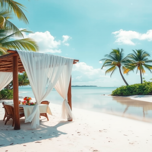 Create a picturesque tropical beach scene featuring a serene, white sandy shore. In the foreground, there's a rustic wooden canopy with white drapes gently flowing in the breeze. Underneath the canopy, a table is set with tropical decor, evoking a sense of relaxation and leisure. The beach extends into a calm, shallow water area with reflections of the sky and surroundings. Palm trees and lush greenery line the edge of the beach, providing a natural, tropical backdrop. The sky is clear with a few scattered clouds, and the overall atmosphere is tranquil and inviting, perfect for a peaceful retreat.