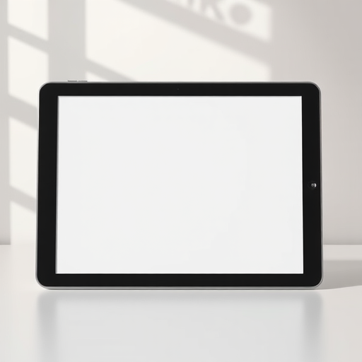 Generate a high-resolution image of a blank tablet screen with a black bezel from a frontal view, using a DSLR camera with a 50mm lens, aperture set to f/2.8, ISO 100, and a soft diffused natural light setup.